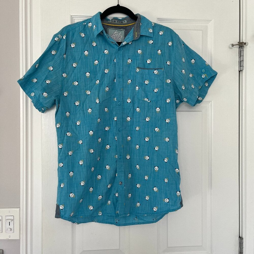 Good Vibes Mens Button Up Panda Print Shirt  Slim Fit Novelty Casual Resort L